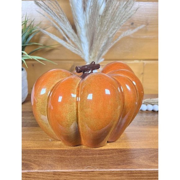 New CERAMIC PUMPKIN 8" Glazed Golden Orange with Brown Stem Fall Decor #4141 - Picture 5 of 9